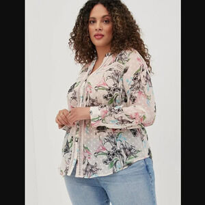 Torrid Chiffon Clip Dot With Lace Inset Top